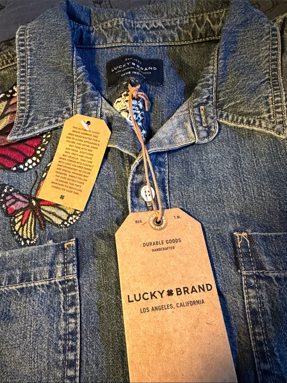 Lucky Brand Blue Denim Button-Up Shirt with Butterfly Embroidery Sz L RARE - Picture 4 of 11